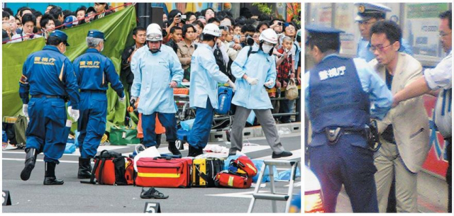 2008년 일본 도쿄 아카하바라 전철역에서 벌어진 무차별 칼부림 사건 현장에 출동한 구조대원들(왼쪽)과 트럭으로 돌진한 데 이어 무차별 칼부림으로 19명의 사상자를 내고 현장에서 경찰에 연행되고 있는 범인. AP연합뉴스