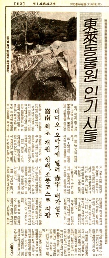 <부산일보> 1991년 9월 7일 자에 실린 기사입니다. 인기가 시들해진 동래동물원에 대해 다루고 있죠. 부산일보DB