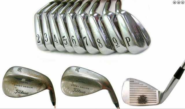 타이거 우즈가 2000년, 2001년 당시 4개 메이저 대회를 제패했을 당시 사용했던 아이언과 웨지. 8번 아이언에는 골프공 모양이 선명하다. 골든에이지 골프 옥션 홈페이지 캡처