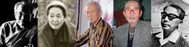 통영 출신 문화예술인. 왼쪽부터 윤이상, 박경리, 전혁림, 김춘수, 유치환. 부산일보DB