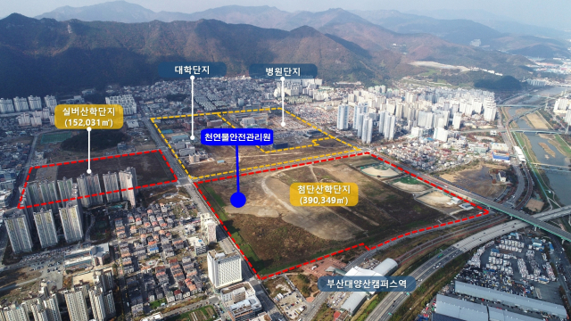 정부의 공간혁신구역 선도사업 선정 추진에 어려움을 격고 있는 부산대 양산캠퍼스 전경. 공간혁신구역 선도사업 부지는 실버산단과 첨단산단 부지다. 양산시 제공