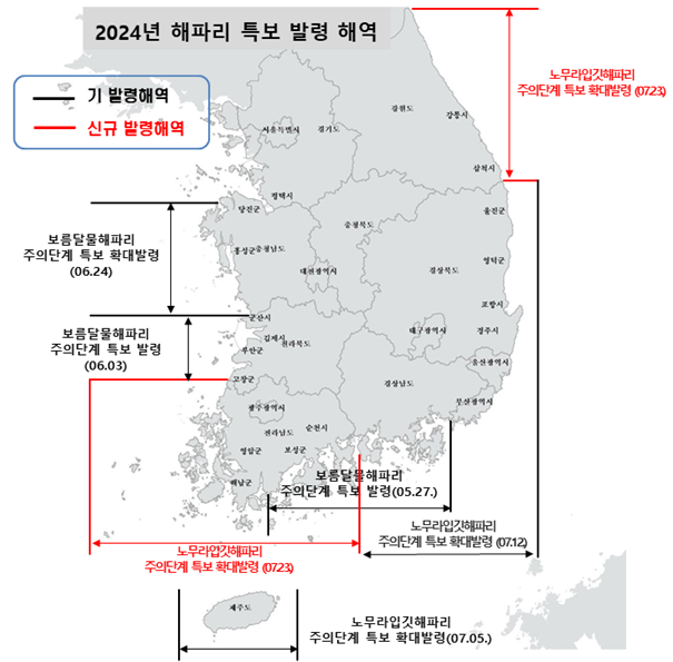 노무라입깃해파리 특보발령 해역. 해수부 제공