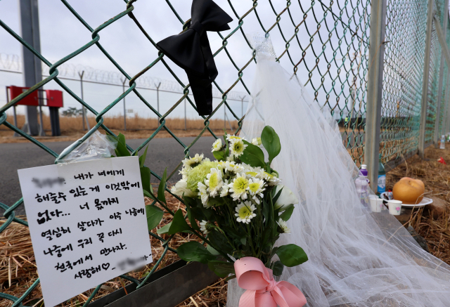 제주항공 여객기 참사 8일째인 5일 오후 전남 무안국제공항 사고 현장 울타리에 희생자를 추모하는 편지와 물품이 놓여 있다. 연합뉴스