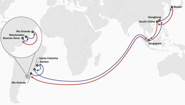 HMM이 추가 개설한 FL2(Far East Asia - East Latin America Service 2) 서비스 노선.