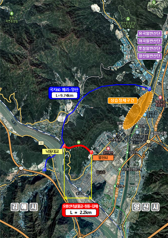 양산(물금)신도시와 원동면 화제를 연결하는 오봉산터널 노선도. 윤영석 의원실 제공