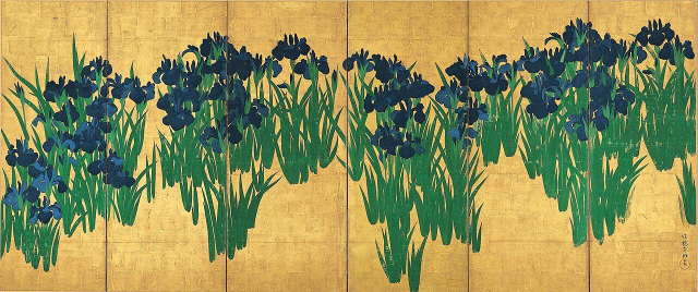 오카다 코린의 ‘제비붓꽃, 연자화도병풍’. 에도시대(18세기), 금박종이에 먹과 채색. 네즈미술관 소장