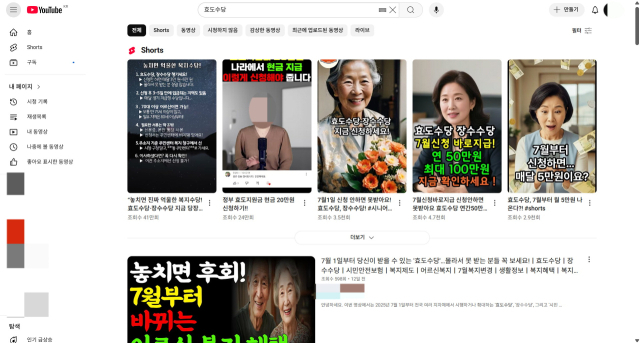 효도수당, 장수수당에 대해 설명하고 있는 유튜브 영상들. 유튜브 화면 캡처