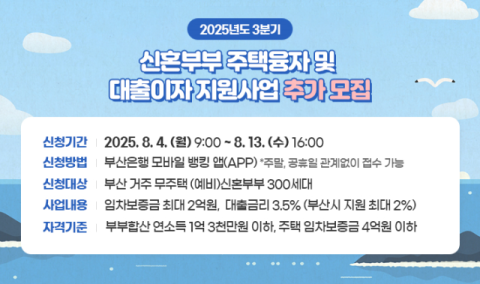 부산시, 3분기 신혼부부 주택융자 및 대출이자 지원사업 대상자 추가 모집