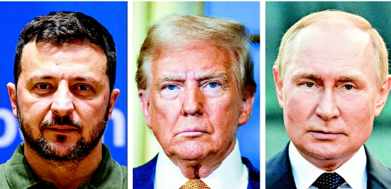 왼쪽부터 볼로디미르 젤렌스키 우르카이나 대통령, 도널드 트럼프 미국 대통령, 블라디미르 푸틴 러시아 대통령. AFP연합