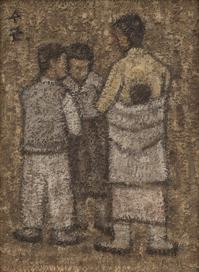 박수근, 아기 업은 소녀와 아이들, 1950년대 종이에 유화 물감. 국립현대미술관 제공