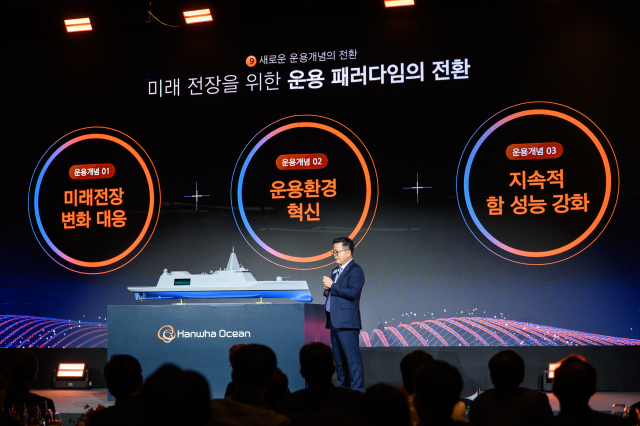 한화오션 특수선사업부 어성철 사장이 지난해 10월 열린 ‘제3회 차세대 함정 기술 연구회’에서 ‘차세대 전략 수상함’ 모형을 공개하고 있다. 부산일보DB