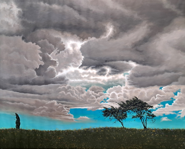 심점환, 바람부는 벌판, 2025. 벽지 뒷면에 구아슈로 그린 작품이다. 아리안갤러리 제공