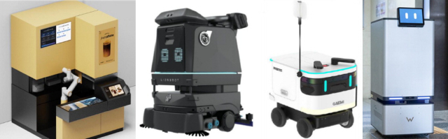 부산 강서구 에코델타시티 내 아파트 단지 두 곳에 도입되는 로봇 서비스 4종. 위 왼쪽부터 바리스타·청소·순찰·짐캐리(배송) 로봇. 부산시 제공