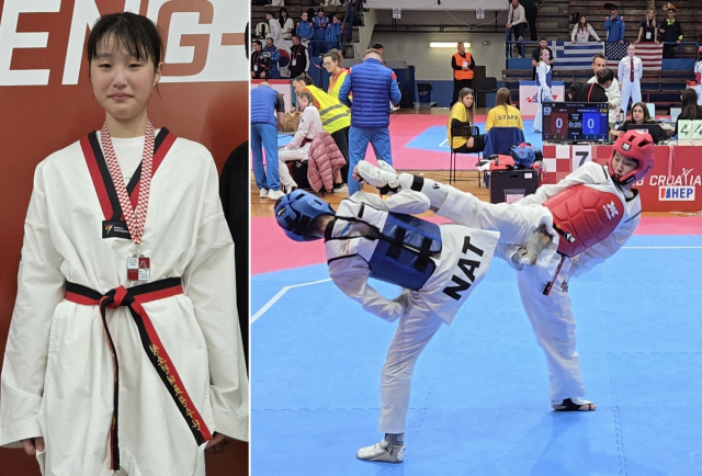 고성군 유소년태권도단 소속 서현(소가야중 3학년) 선수가 지난 15일 크로아티아 자그레브에서 열린 ‘제29회 자그레브 크로아티아 오픈(WT-G1) 태권도대회’ 주니어 여자 –55kg급에서 은메달을 목에 걸었다. 고성군 제공