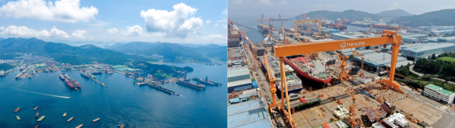 삼성중공업 거제조선소(왼쪽)와 한화오션 거제사업장. 부산일보DB