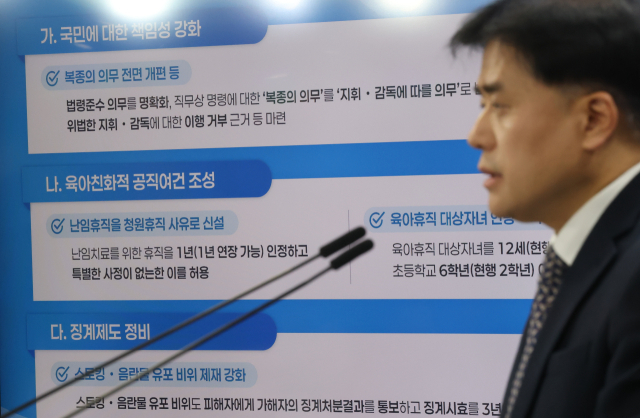 박용수 인사혁신처 차장이 25일 정부서울청사에서 국가공무원법 개정안 입법예고 브리핑을 하고 있다. 개정안은 공무원의 복종 의무가 삭제되고, 육아휴직 사용 대상 자녀 나이 기준 상향, 난임치료 위한 휴직 신설 등의 내용이 담겼다. 연합뉴스