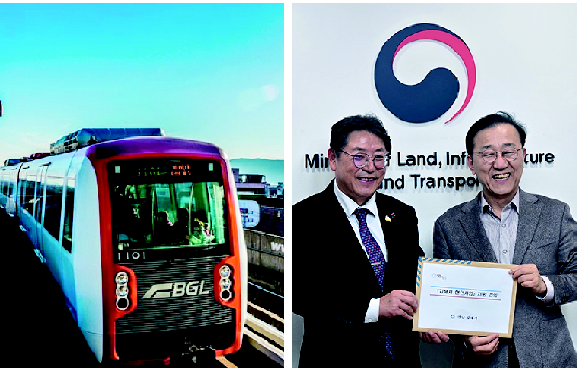 홍태용(왼쪽) 김해시장은 지난 1일 김윤덕 국토부장관을 만나 부산김해경전철 재정 지원금에 국비를 투입해달라고 건의했다. 김해시 제공