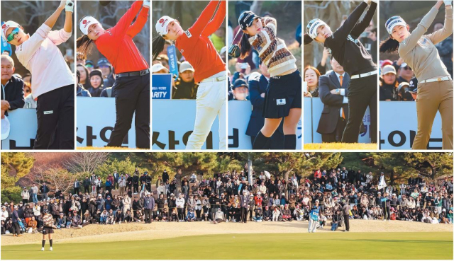 ‘2025 백송홀딩스·부산일보 채리티 매치 인 아시아드CC’ 에 출전한 해외파 김효주, 최혜진, 황유민과 국내파 박현경, 이예원, 배소현(왼쪽부터). 아래 사진은 7일 2라운드 경기 연장 9번 홀에서 박현경이 마지막 퍼팅을 하는 모습. 김종진 기자 kjj 1761@