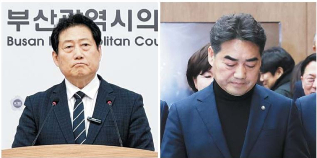 민주당 유동철 수영지역위원장이 지난 10월 시당위원장 컷오프 반발 기자회견을 가졌다(왼쪽). 국민의힘 이성권 의원이 지난 3일 비상계엄 관련 사과 발표 후 이동하고 있다. 부산시의회 제공·연합뉴스