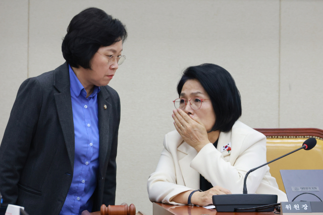 10일 국회에서 열린 과학기술정보방송통신위원회 전체회의에서 과방위원장인 더불어민주당 최민희 의원과 간사인 김현 의원이 대화하고 있다. 연합뉴스