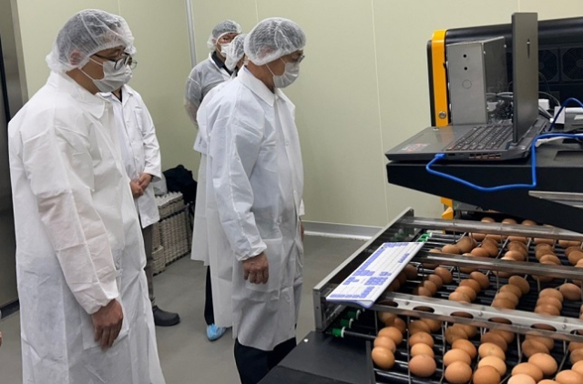 축산물품질평가원 박병홍 원장(왼쪽에서 두번째)이 인공지능 기반 계란 등급판정 기계 작동모습을 살펴보고 있다. 축평원 제공