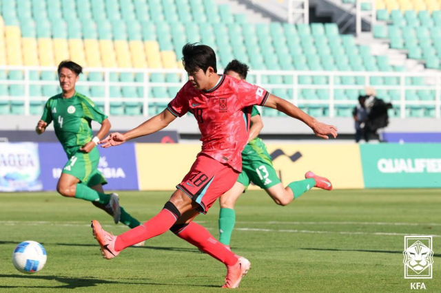 U-23 아시안컵 대표팀 공격수 정재상의 슈팅 장면. 대한축구협회 제공
