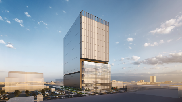 한국이 인공지능(AI) 3강으로 도약하기 위해선 원활한 전력 공급을 위해 비수도권 AI 데이터센터를 신규 건립해야 한다는 주장이 나왔다. 사진은 총 7100억 원이 투입돼 오는 2030년까지 부산 강서구 녹산국가산업단지 일대에 들어설 이지스자산운용 신규 AI 데이터센터(지하 1층, 지상 13층) 투시도. 한국산업단지공단 부산지역본부 제공