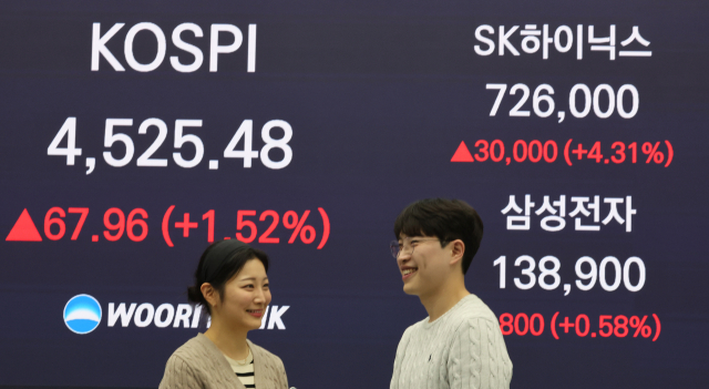 지난 6일 서울 중구 우리은행 딜링룸에 코스피·삼성전자·SK하이닉스 종가가 표시된 모습. 연합뉴스