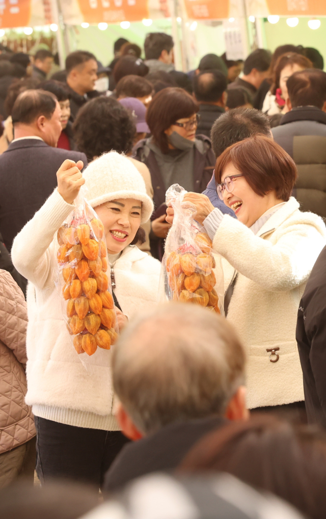 제10회 지리산 함양고종시 곶감축제 마지막 날인 18일 경남 함양군 상림공원 곶감 판매 부스에서 함양고종시 타레곶감을 구입한 관광객들이 곶감을 들어 보이며 즐거워 하고 있다. 함양군 제공