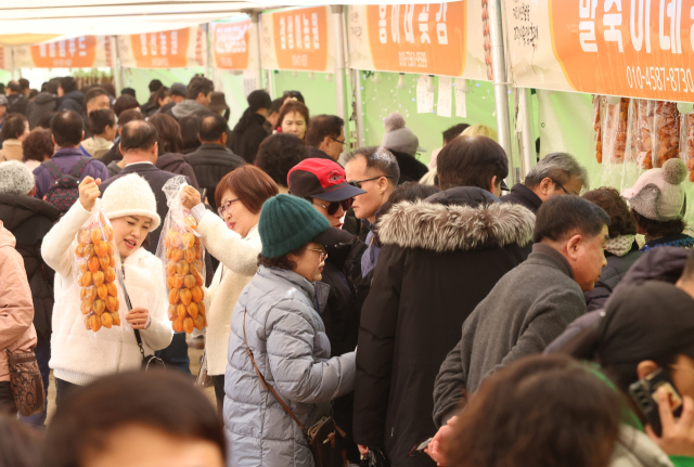제10회 지리산 함양고종시 곶감축제 마지막 날인 18일 경남 함양군 상림공원 곶감 판매 부스에서 함양고종시 타레곶감을 구입한 관광객들이 곶감을 들어 보이며 즐거워 하고 있다. 함양군 제공