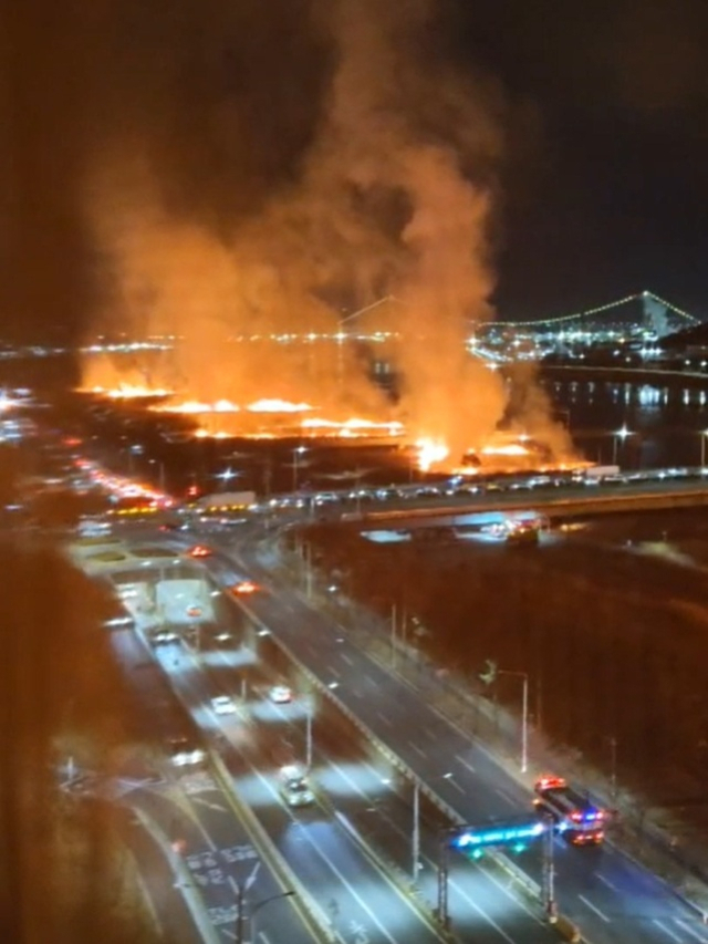 24일 오후 7시 26분 울산 북구 명촌동 명촌교 인근 갈대밭에서 원인을 알 수 없는 불이 나 일대가 연기로 가득 차 있다. 불은 신고를 받고 출동한 소방 당국에 의해 약 1시간 만에 완진됐다. 울산명촌진장방범자문위원회 이희만 위원 제공.