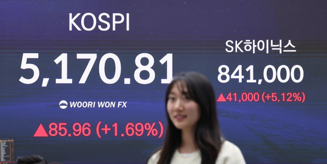 SK하이닉스 주가가 28일 미국발 훈풍과 실적 기대감에 상승해 또 역대 최고가를 경신한 28일 서울 중구 우리은행 딜링룸 전광판에 코스피와 SK하이닉스 주가가 표시되어 있다. 이날 SK하이닉스는 5.13% 오른 84만1천원에 거래를 마쳤다. 연합뉴스