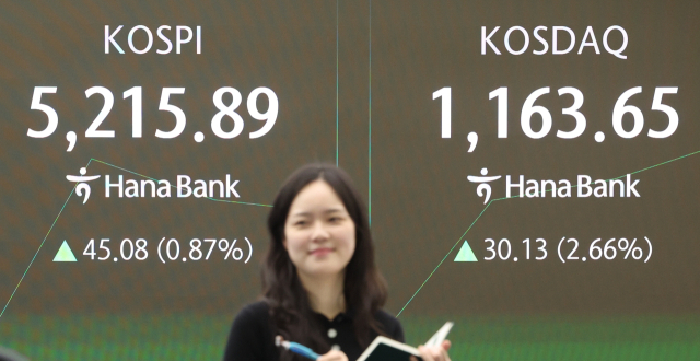 29일 코스피가 사상 처음으로 장중 5200선을 돌파한 가운데 서울 중구 하나은행 딜링룸 현황판에 코스피·코스닥 지수가 표시되고 있다. 연합뉴스