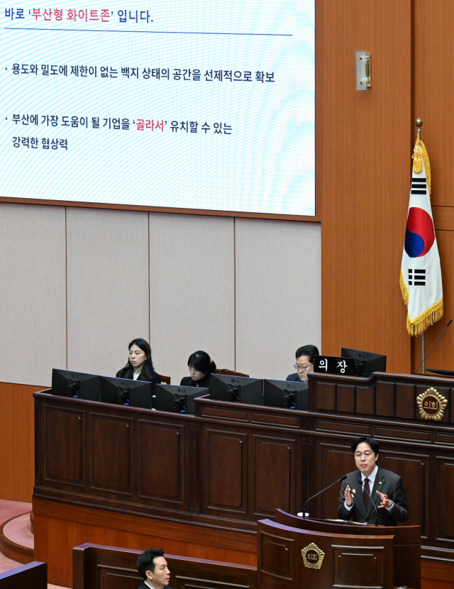 부산시의회 기획재경위원회 소속 김태효(해운대3) 의원은 6일 장기 침체가 계속되고 있는 지역 경제 회생을 위해 근본적인 체질 개선 그리고 대기업 유치를 위한 ‘부산형 화이트존’ 제도 도입을 제안했다. 부산시의회 제공