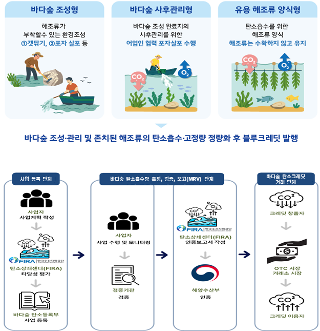 바다숲 탄소거래사업 참여 유형(위), 바다숲 탄소거래사업 운영 프로세스(아래). 수산자원공단 제공
