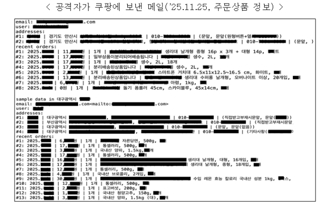 ‘쿠팡 침해사고에 대한 민관합동조사단 조사결과’ 정보 유출 규모 관련 내용. 과기정통부 제공