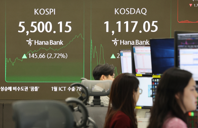 12일 서울 중구 하나은행 딜링룸 현황판에 코스피 지수 등이 표시되고 있다. 이날 코스피 지수는 급등해 장중 5400선에 이어 5500선도 돌파했다. 연합뉴스