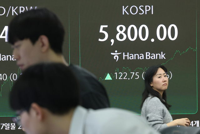 20일 서울 중구 하나은행 본점 딜링룸 현황판에 코스피가 5800으로 표시돼 있다.연합뉴스