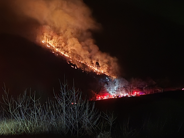 21일 오후 9시 14분 함양군 마천면 창원리 산23-2 일원에서 발생한 산불이 강풍을 타고 확산하고 있다. 경남도 제공