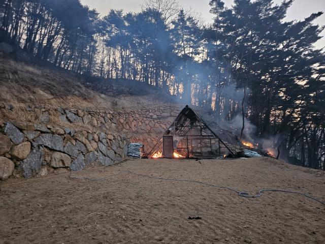 23일 오전 6시 50분 함양군 휴천면 백연마을 모습. 불길이 확산하면서 비닐하우스 등이 불에 탔다. 함양군 제공