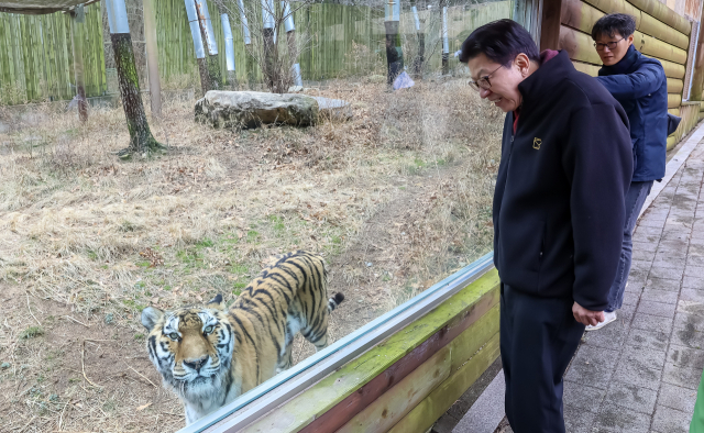 박형준 부산시장이 25일 부산 부산진구 초읍 어린이대공원 동물원에서 시설 점검을 하고 있다. 김종진 기자 kjj1761@