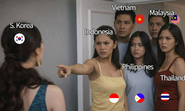 동남아 누리꾼(SEAblings)들이 한국인 누리꾼(Knetz)을 비판하는 모습을 연출한 합성 이미지. 온라인 커뮤니티 화면 갈무리