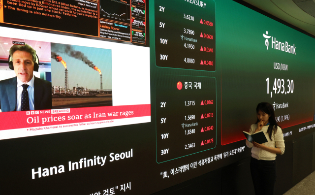 9일 서울 중구 하나은행 본점 딜링룸에 원달러 환율이 표시돼 있다. 연합뉴스