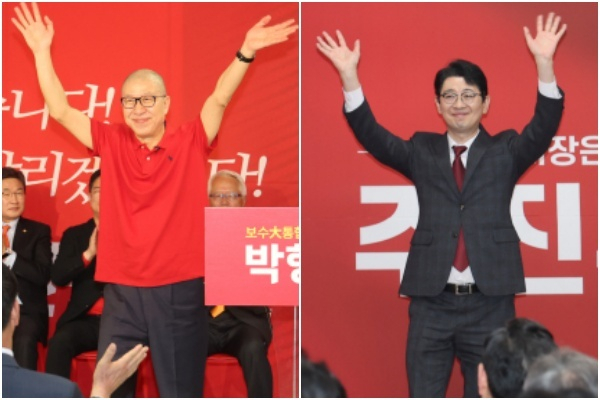 28일 부산 부산진구 부전동에서 열린 박형준 경선 사무소 개소식에서 박형준 시장이 손을 들며 참석자들에게 인사하고 있다(왼쪽). 같은 날 부산 연제구 연산동에서 열린 주진우 부산시장 경선 사무소 개소식에서 주진우 의원이 인사를 하고 있다. 이재찬 기자 chan@
