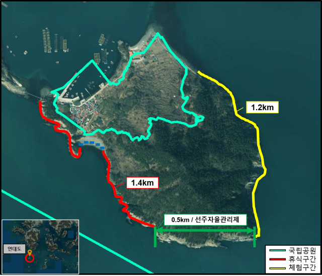 통영시 연대도 갯바위 생태휴식제 운영구간. 총 2.6km로 휴식구간 1.4km, 체험구간 1.2km 그리고 선주자율관리제 구간이 0.5km다. 한려해상국립공원공부사무소 제공