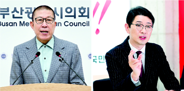 지난 8일 국민의힘 박형준(왼쪽) 부산시장이 부산시의회에서 기자회견을 열고 보수 대통합을 호소했다. 주진우 의원은 보수의 적자는 자신이라며 박 시장의 통합론에 맞섰다. 부산시의회 제공·이재찬 기자 chan@