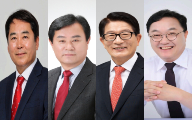 국민의힘은 14일 6·3 전국동시지방선거 경남 기초단체장 후보 예비 경선 결과를 발표했다. 왼쪽부터 본 경선에 진출한 유해남 사천시장 예비후보, 한옥문 양산시장 예비후보, 하학열 고성군수 예비후보, 김현수 하동군수 예비후보. 이들은 현역 단체장과 본 경선을 치른다.