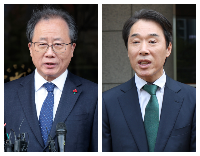 김석준 부산시교육감(왼쪽) 최윤홍 전 부산시 부교육감. 정대현 기자 jhyun@·이재찬 기자 chan@