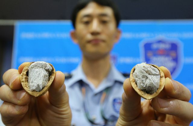 마약 밀반입 수법은 갈수록 교묘해지고 있다. 호두 속에 숨겨 들어오다 적발된 마약류. 부산일보DB