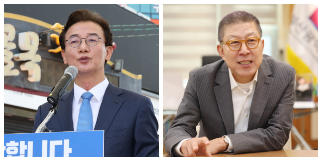 더불어민주당 전재수 부산시장 후보가 27일 오후 부산 북구 구포시장에서 그동안 지지해준 지역주민들에게 감사 인사를 전하고 있다(왼쪽). 박형준 부산시장. 정종회 기자 jjh@·이재찬 기자 chan@